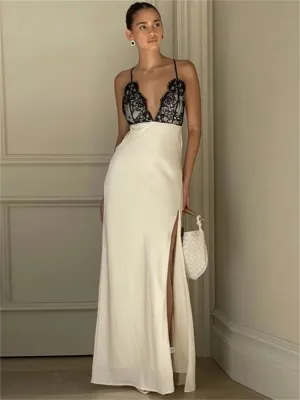 Lace-Up Backless Long Dress Patchwork Side Split Boutique Fashion Halter Dresses V-Neck High Waist Summer Maxi Dress