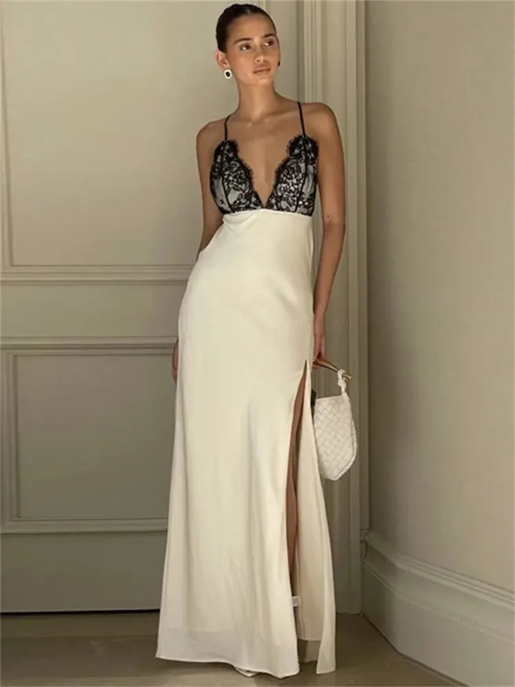 Lace-Up Backless Long Dress Patchwork Side Split Boutique Fashion Halter Dresses V-Neck High Waist Summer Maxi Dress
