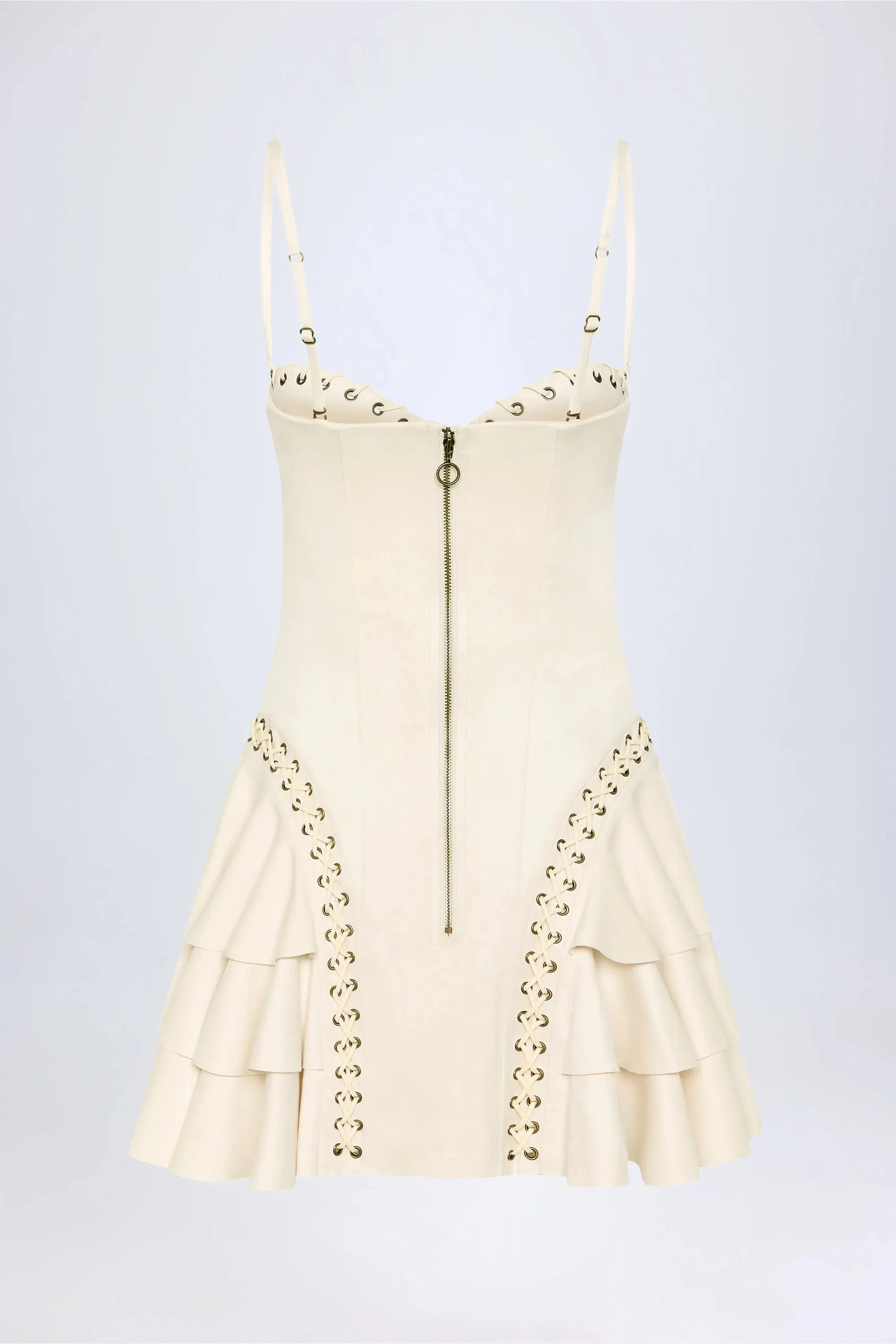 Lace-Up Tiered Corset Mini Dress in Ivory