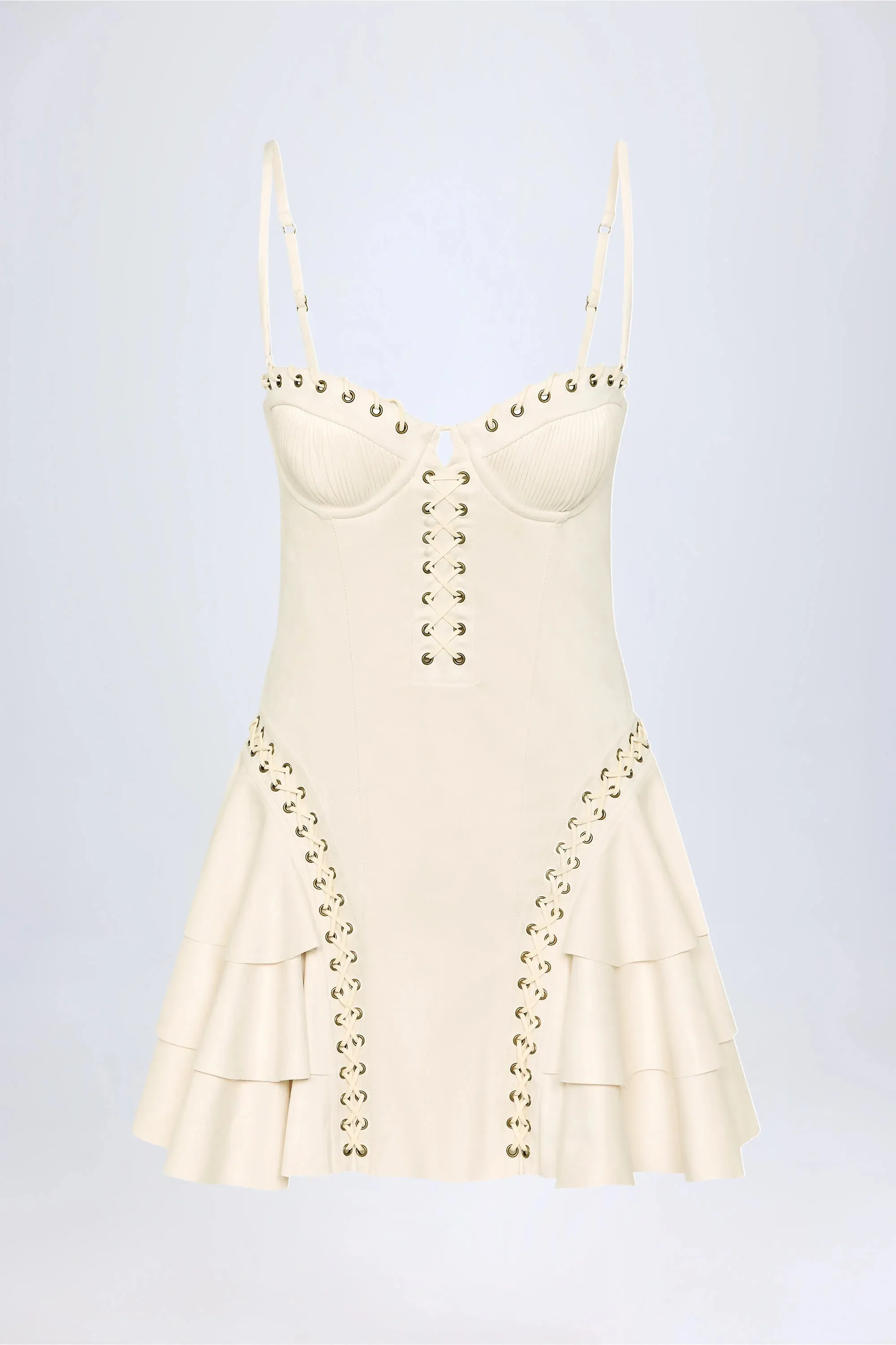 Lace-Up Tiered Corset Mini Dress in Ivory