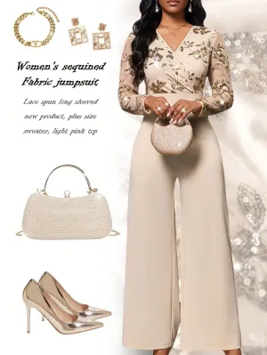 Lady Khaki Women's Jumpsuit Sequin Fabric Jumpsuit V-Neck Straight Fit Women's Jumpsuit Wedding Jumpsuit