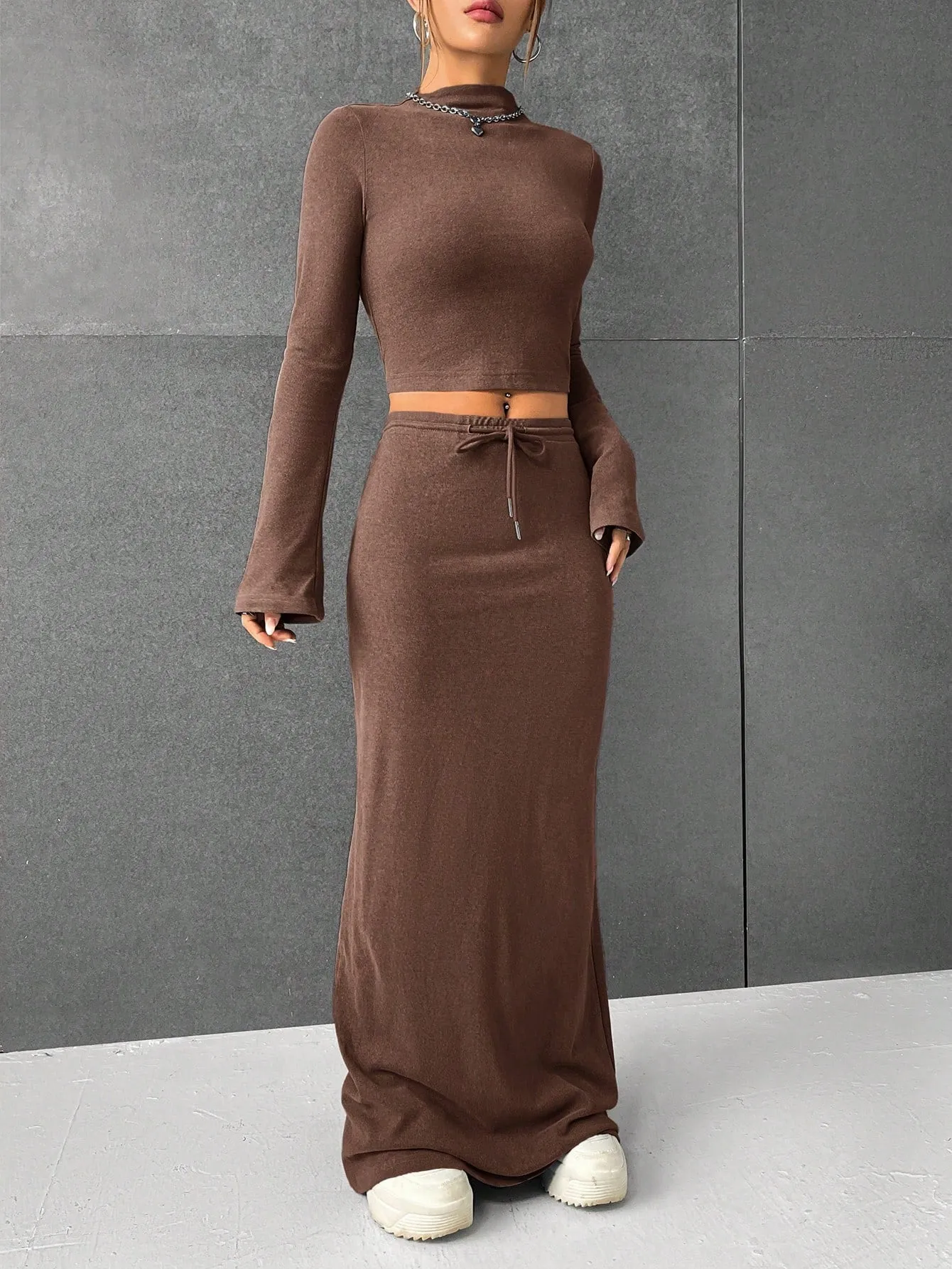 Lana EZwear Mock Neck Long Sleeves Crop Tee & Drawstring Waist Long Skirt