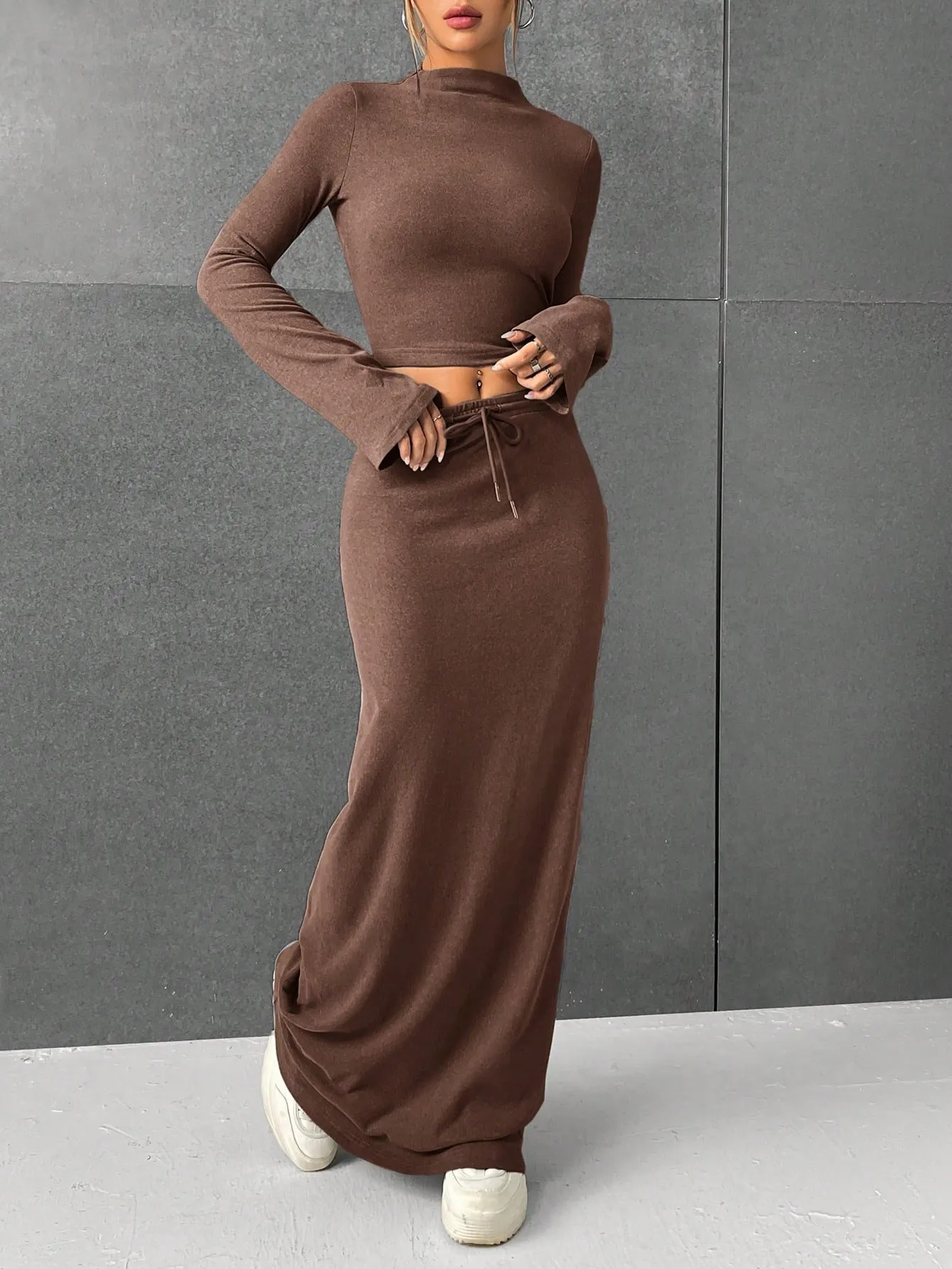 Lana EZwear Mock Neck Long Sleeves Crop Tee & Drawstring Waist Long Skirt