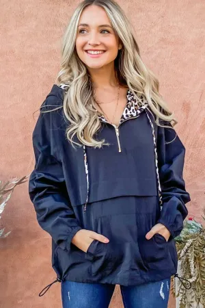 Leopard Print Hoodie Zipper Up Kangaroo Pocket Windbreaker with Leopard String