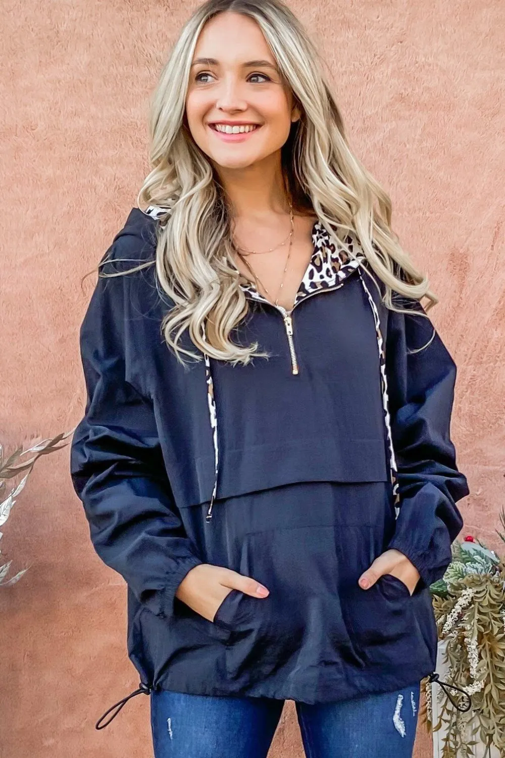 Leopard Print Hoodie Zipper Up Kangaroo Pocket Windbreaker with Leopard String