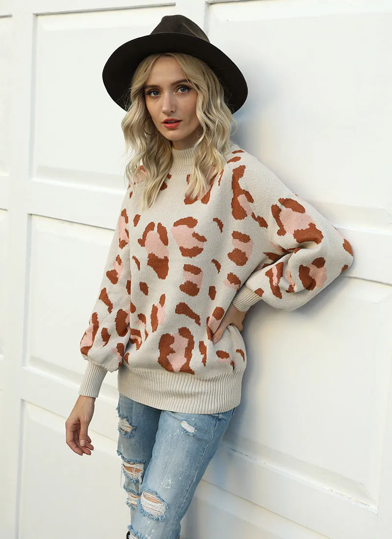 Leopard Print Lantern Sleeve Knit Sweaters