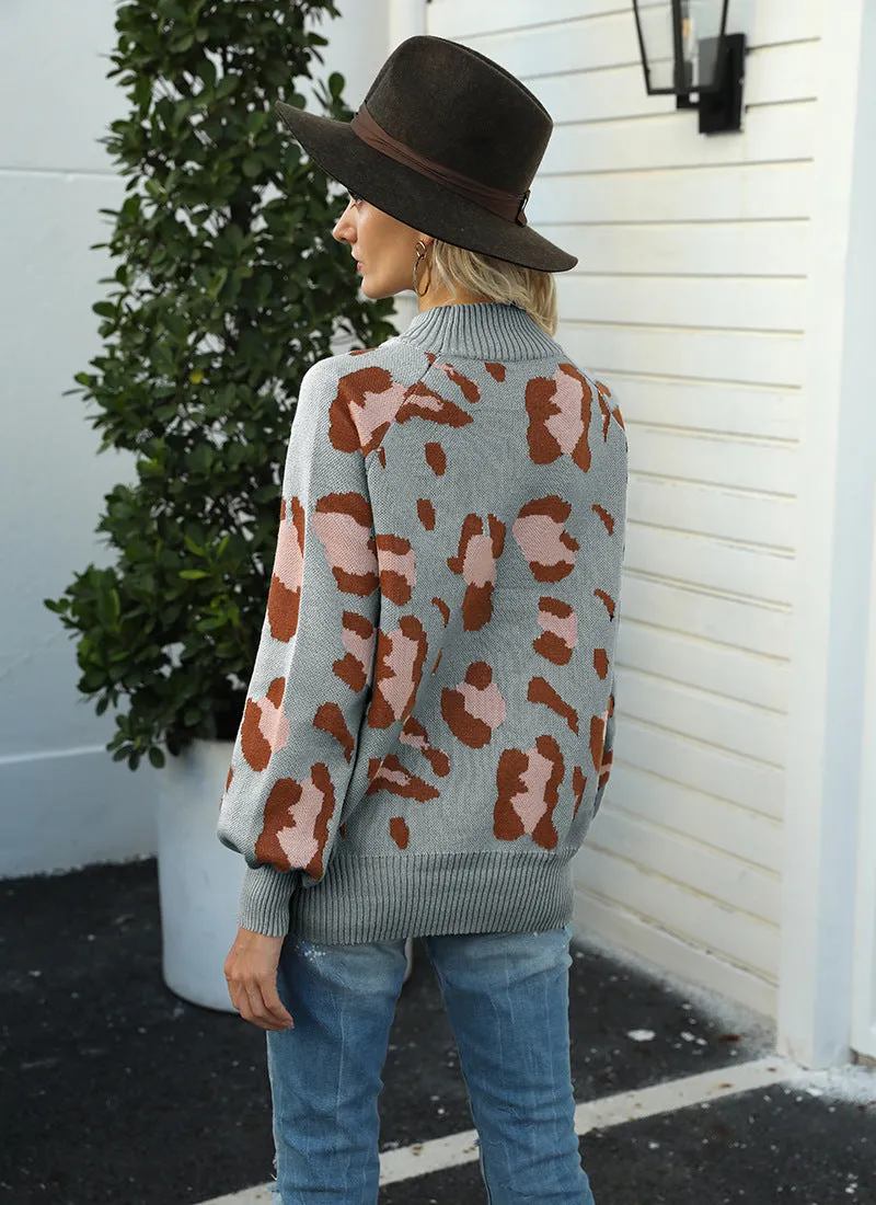 Leopard Print Lantern Sleeve Knit Sweaters
