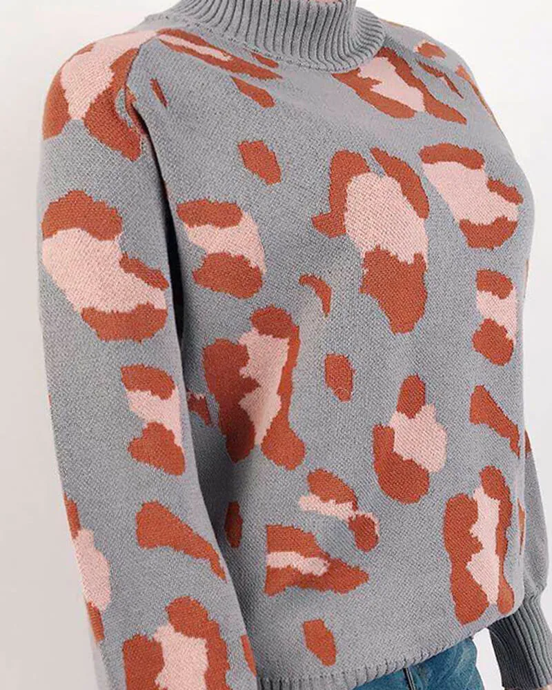 Leopard Print Lantern Sleeve Knit Sweaters