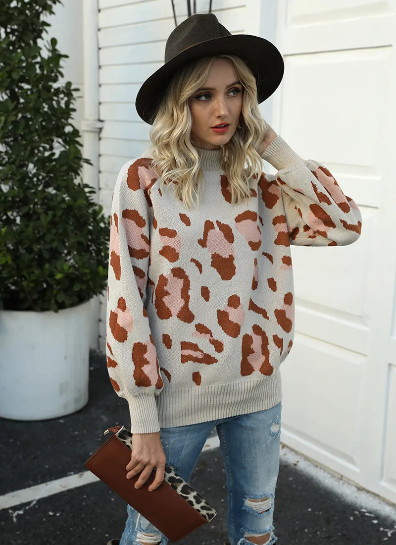 Leopard Print Lantern Sleeve Knit Sweaters