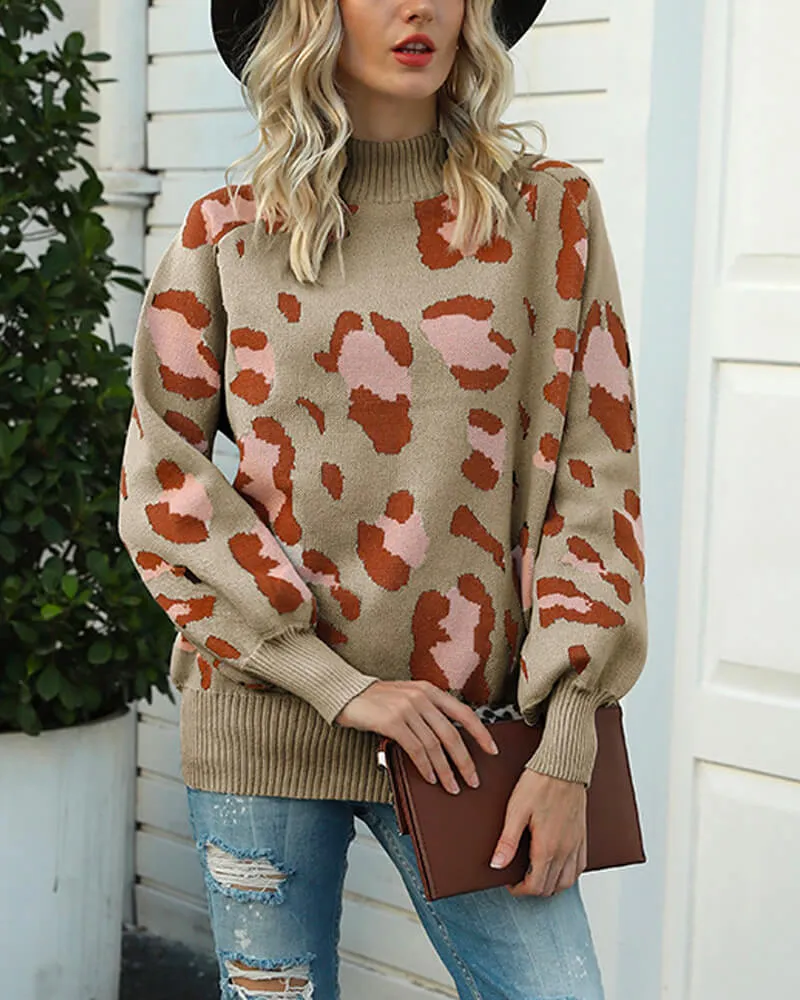 Leopard Print Lantern Sleeve Knit Sweaters