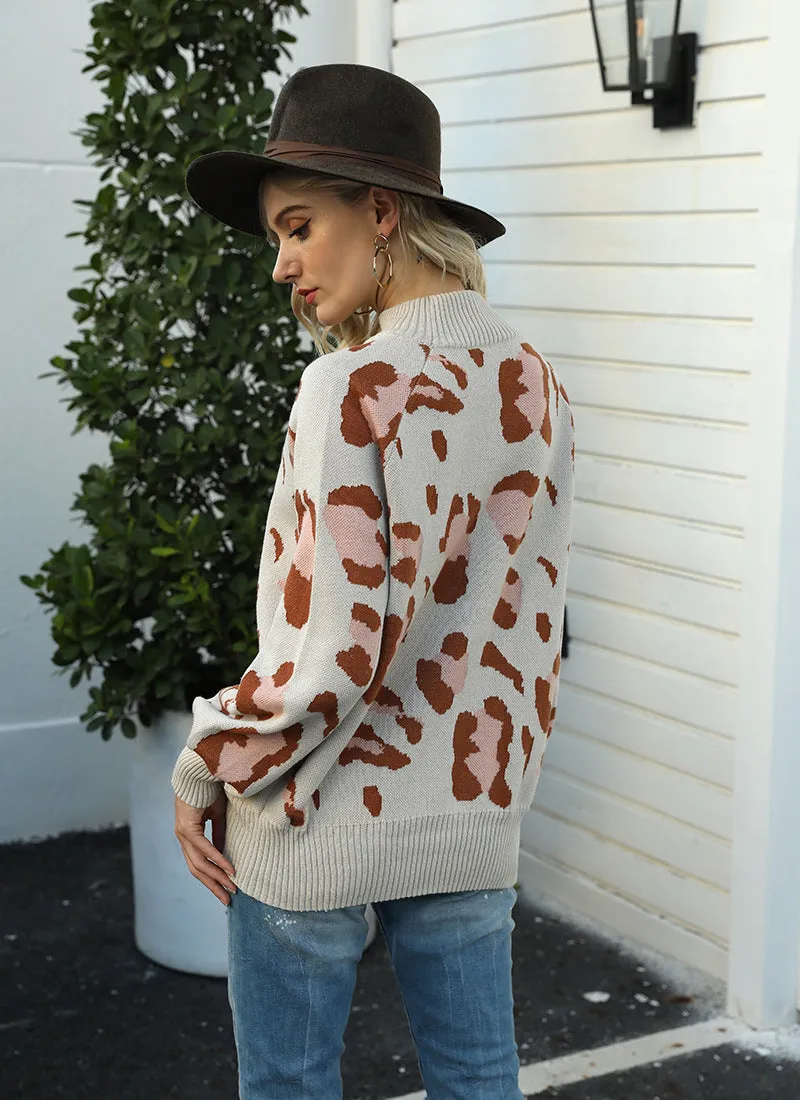 Leopard Print Lantern Sleeve Knit Sweaters
