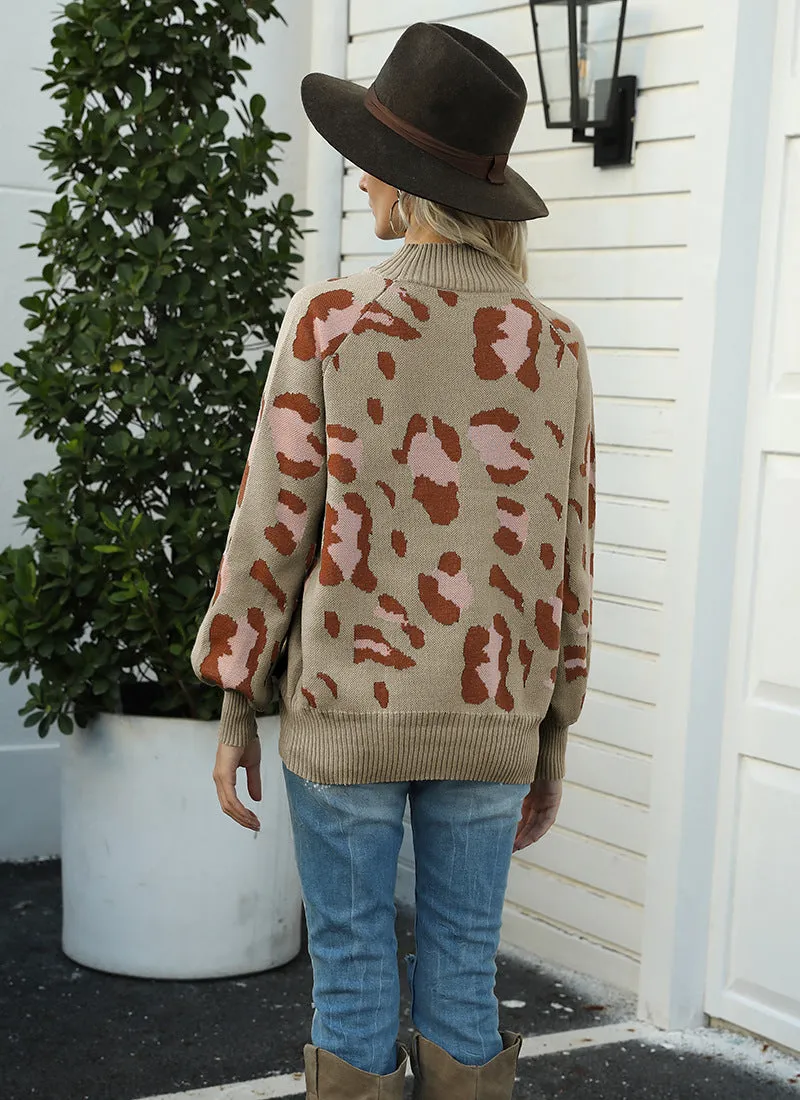 Leopard Print Lantern Sleeve Knit Sweaters