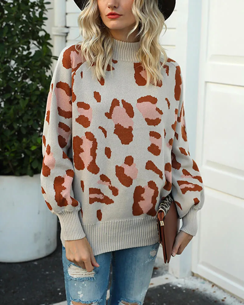 Leopard Print Lantern Sleeve Knit Sweaters