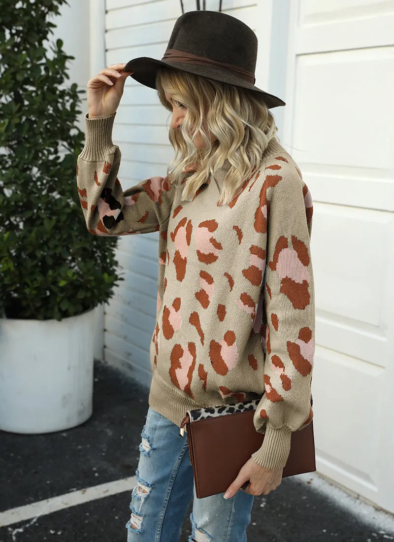 Leopard Print Lantern Sleeve Knit Sweaters