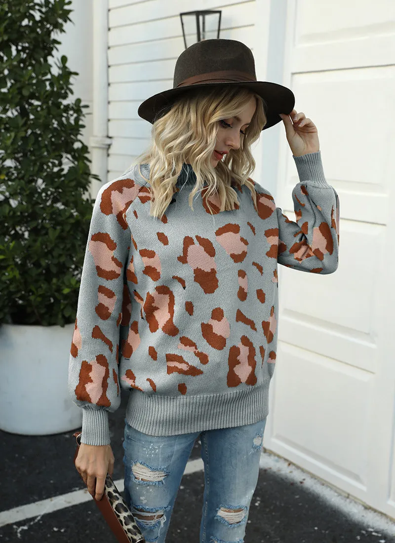 Leopard Print Lantern Sleeve Knit Sweaters