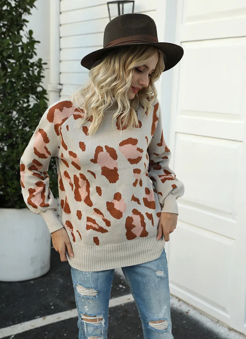 Leopard Print Lantern Sleeve Knit Sweaters