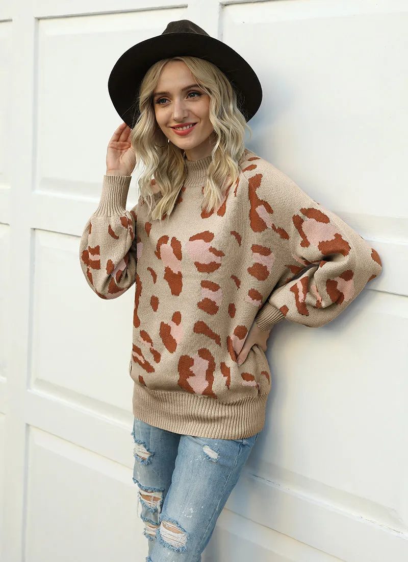 Leopard Print Lantern Sleeve Knit Sweaters