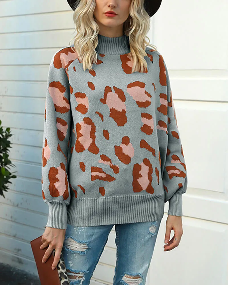 Leopard Print Lantern Sleeve Knit Sweaters