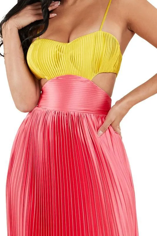 Lime and Pink Satin Pleated Maxi Dress