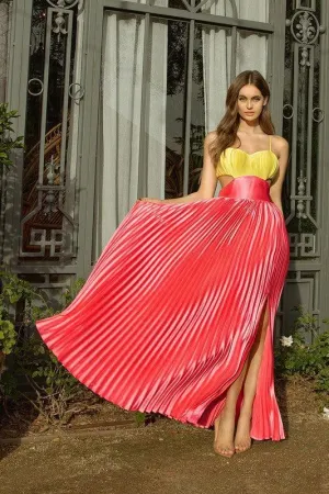 Lime and Pink Satin Pleated Maxi Dress