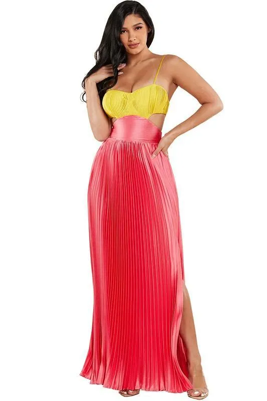 Lime and Pink Satin Pleated Maxi Dress