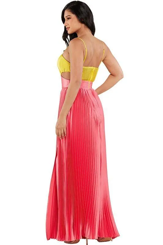 Lime and Pink Satin Pleated Maxi Dress