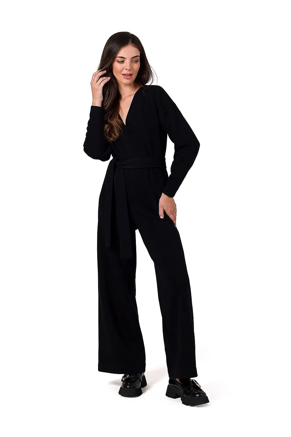 Long sleeves knit jumpsuit with belt