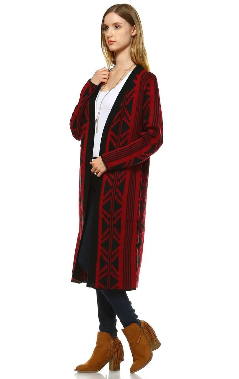 Long Trench Cardigan Tribal Sweater Geometric Burgundy Red
