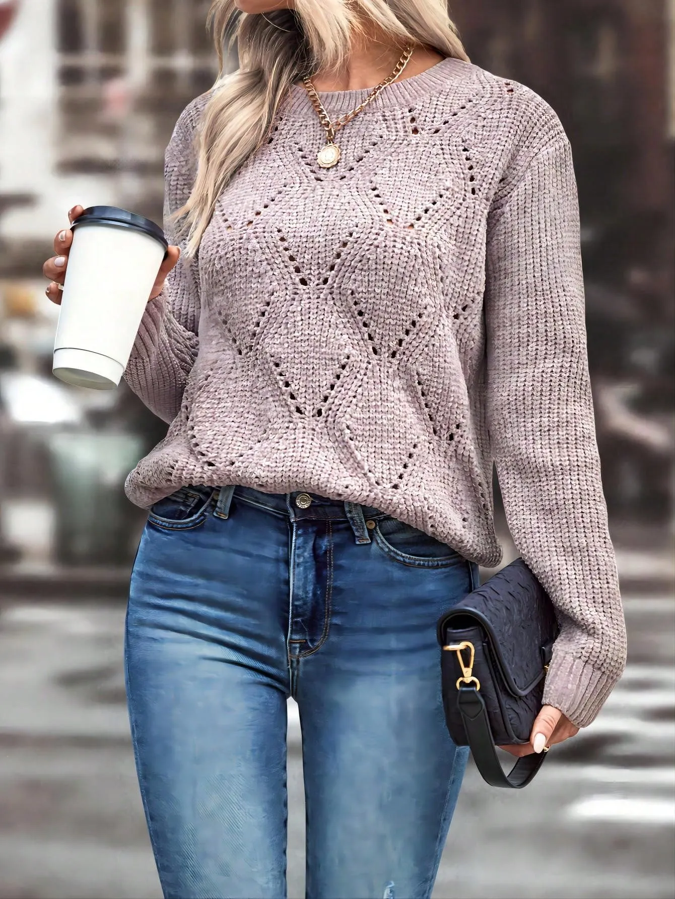 LUNE Solid Pointelle Knit Sweater
