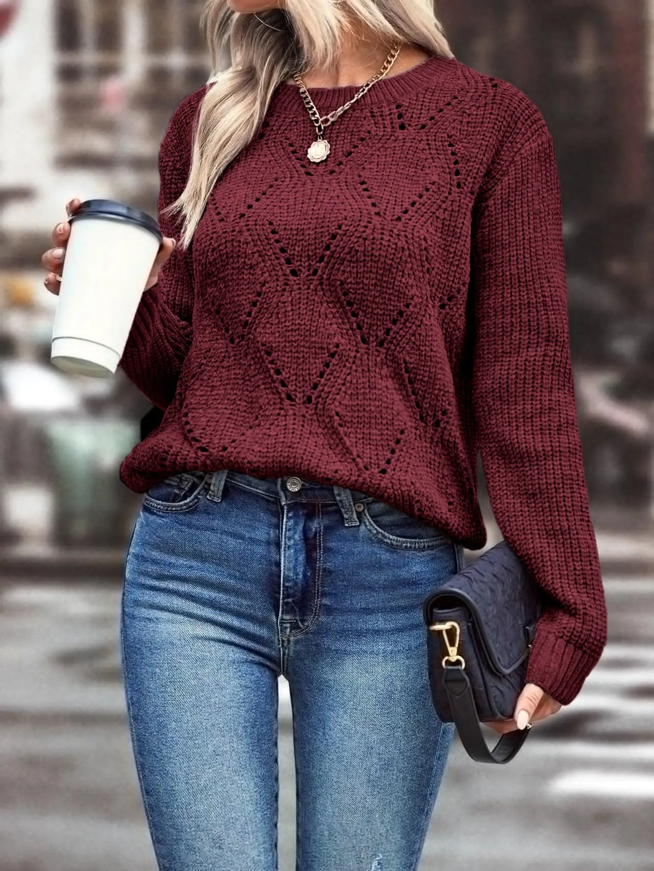 LUNE Solid Pointelle Knit Sweater