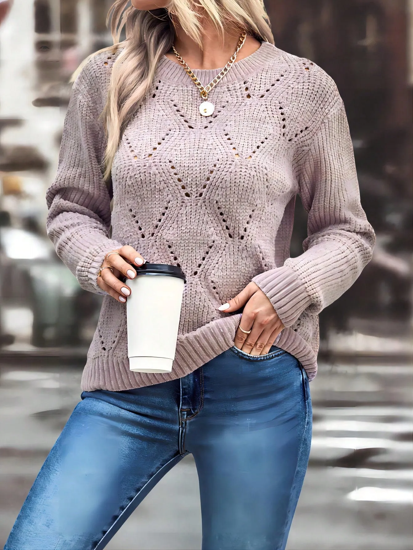 LUNE Solid Pointelle Knit Sweater