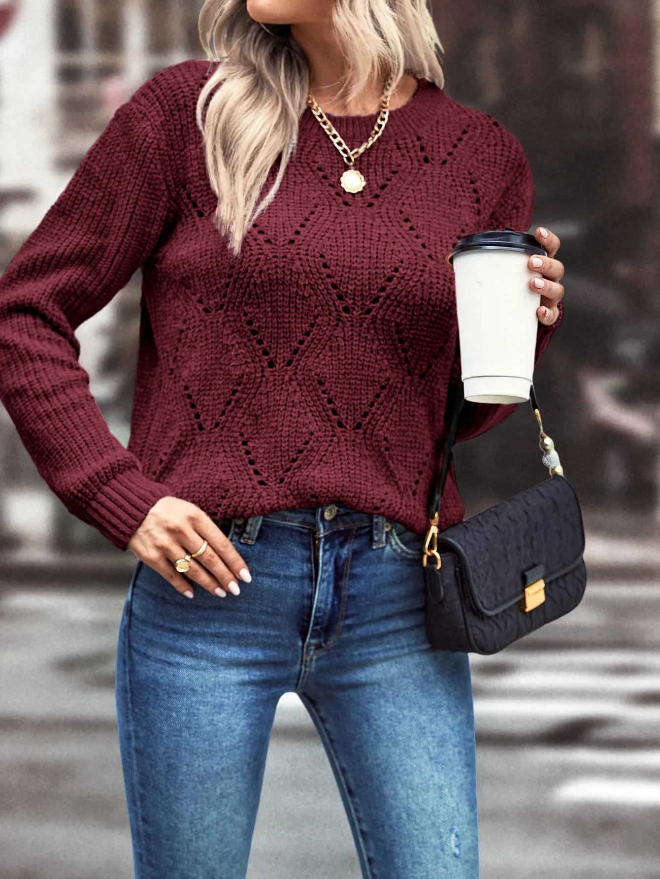 LUNE Solid Pointelle Knit Sweater