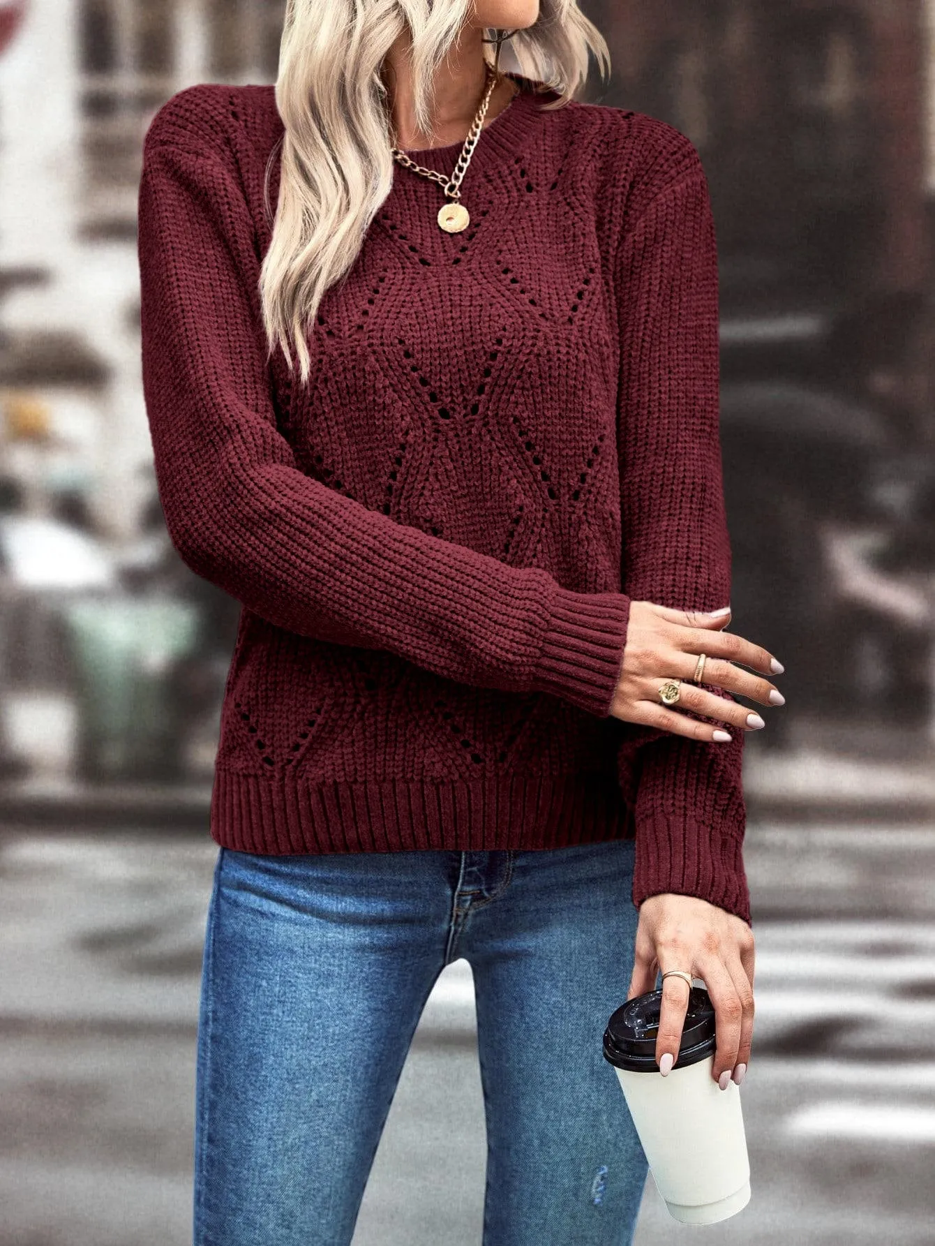 LUNE Solid Pointelle Knit Sweater