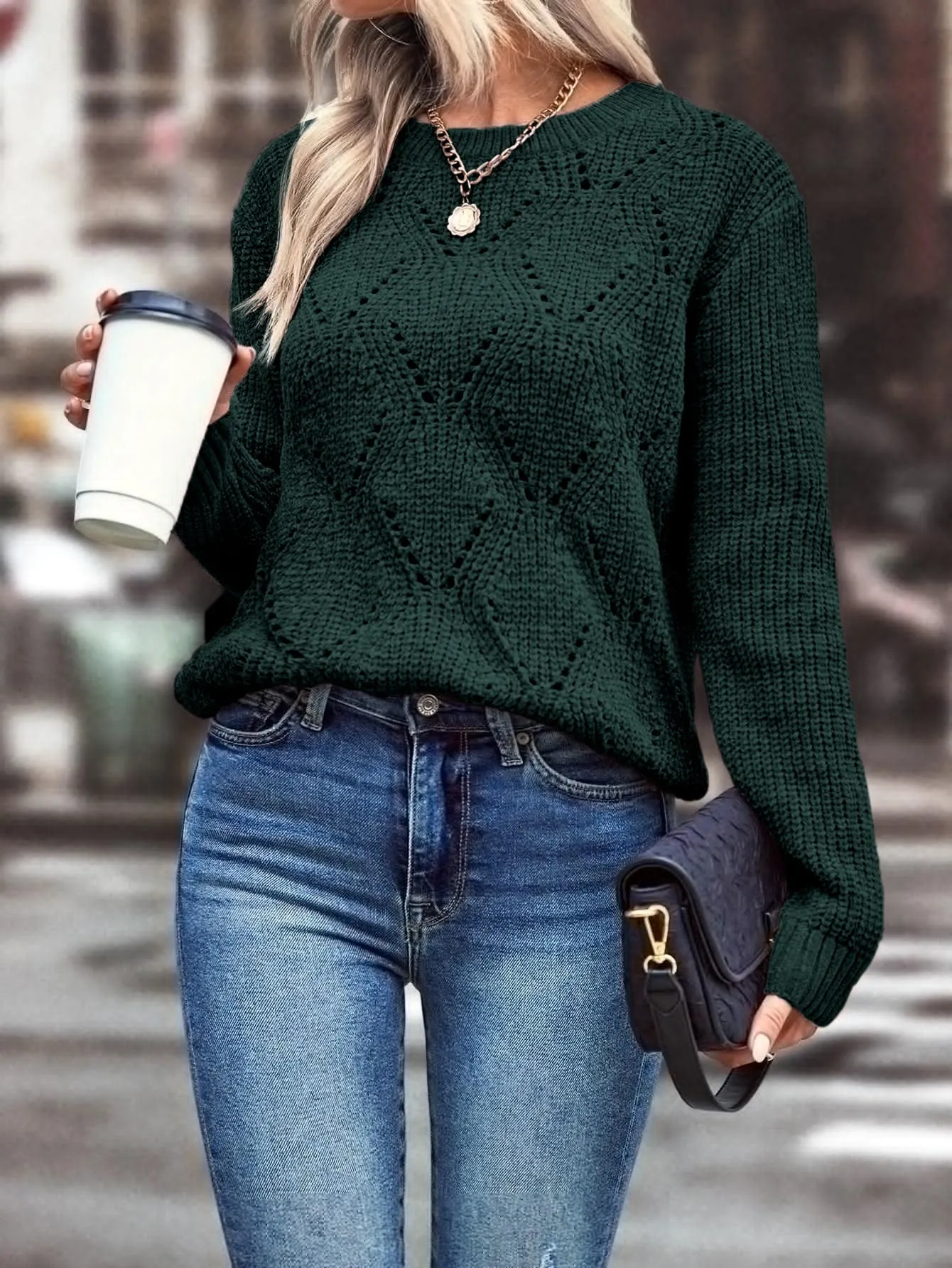 LUNE Solid Pointelle Knit Sweater