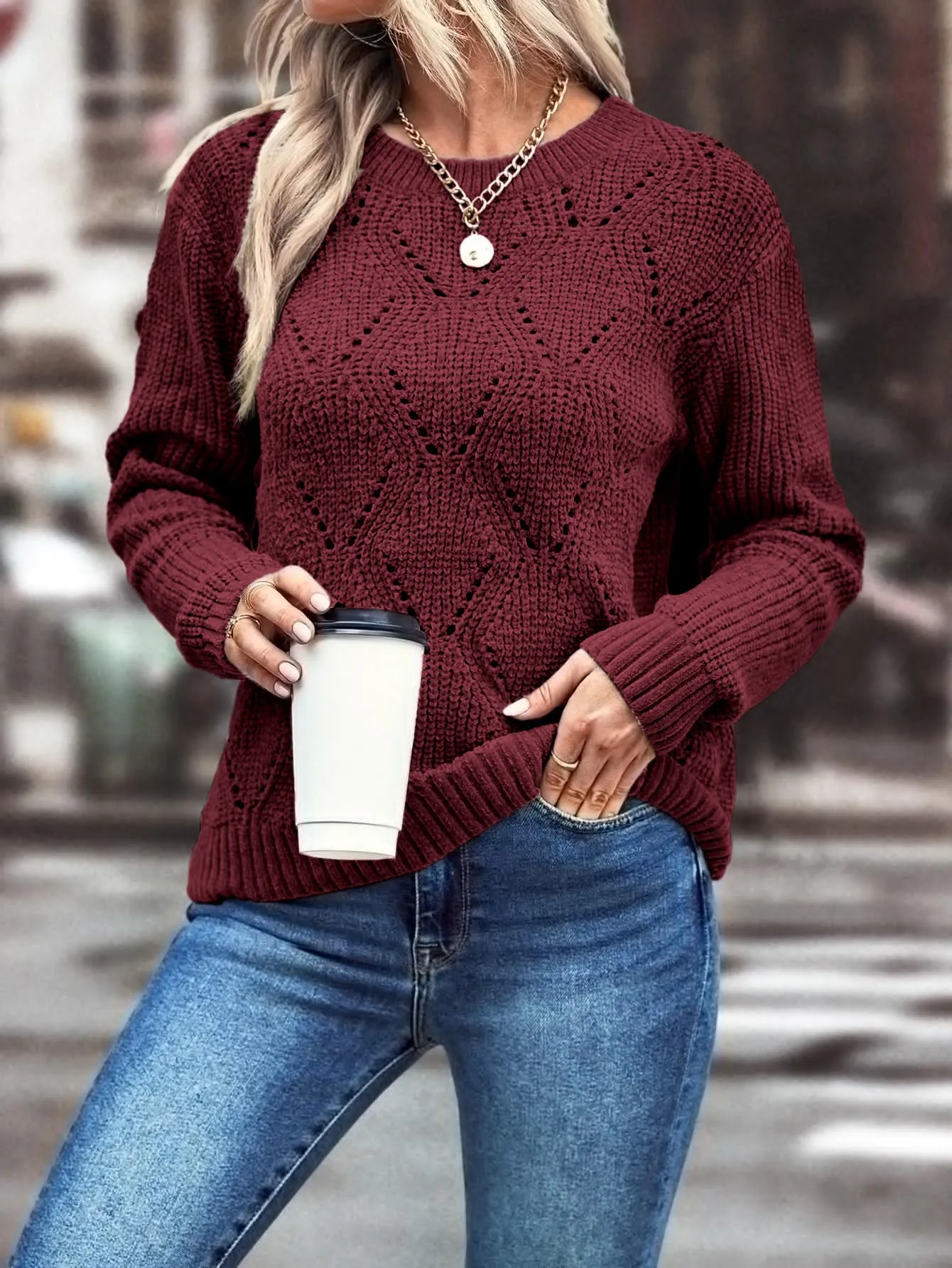 LUNE Solid Pointelle Knit Sweater