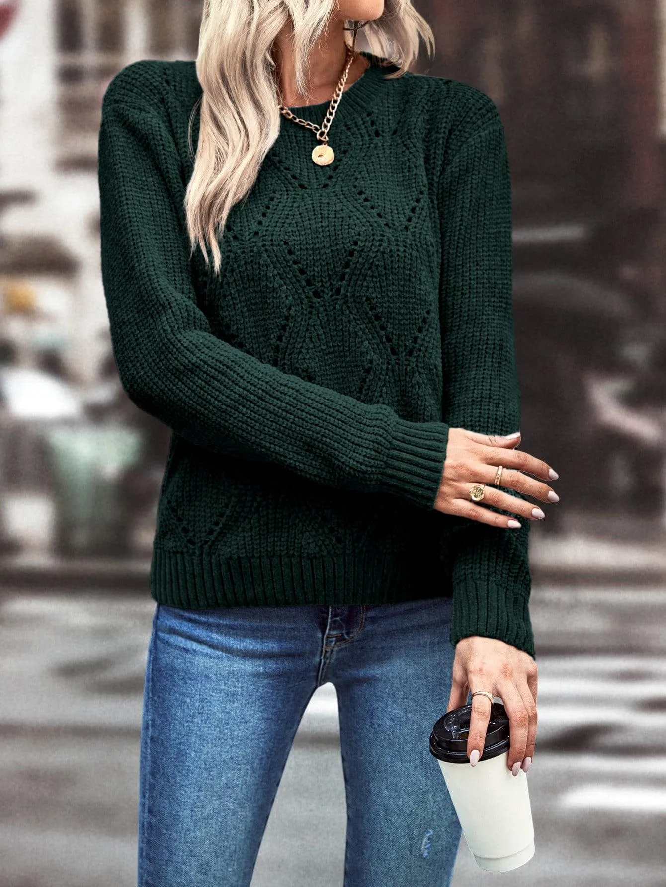 LUNE Solid Pointelle Knit Sweater