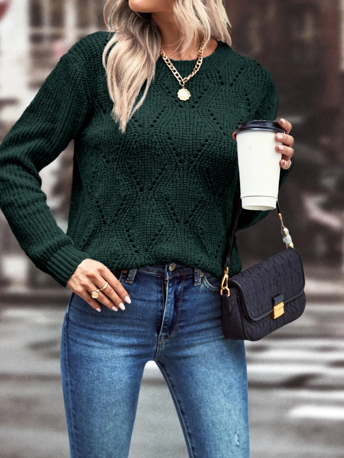 LUNE Solid Pointelle Knit Sweater