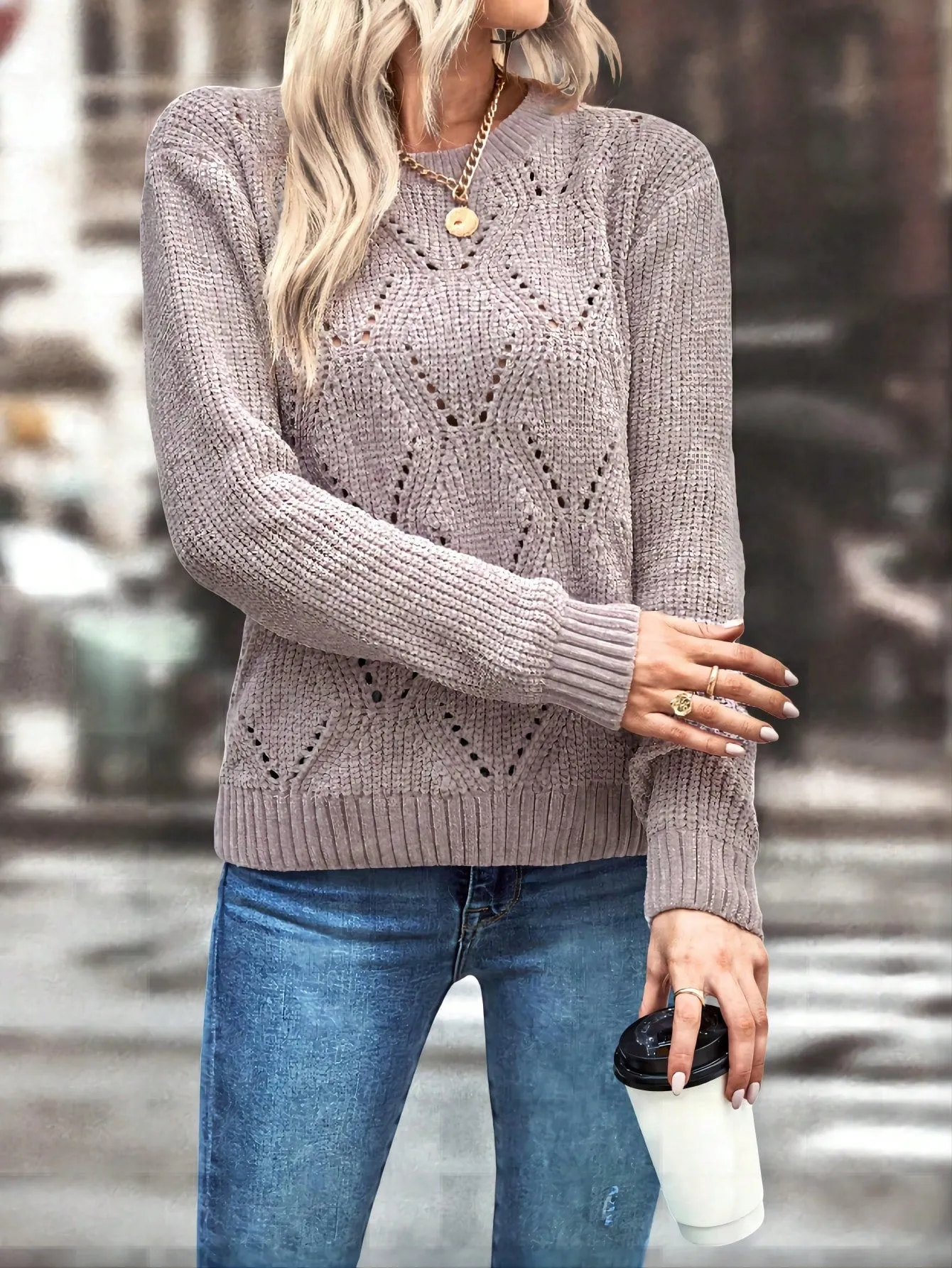 LUNE Solid Pointelle Knit Sweater