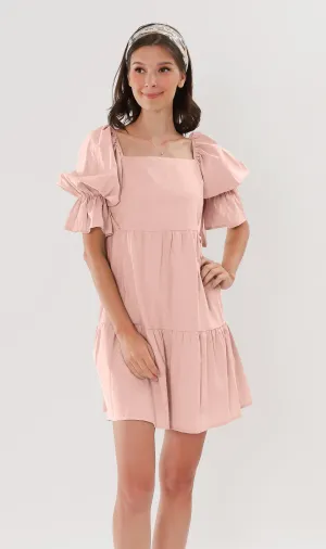 MADILYN Tiered Tie Puff-Sleeve Dress (Blush)