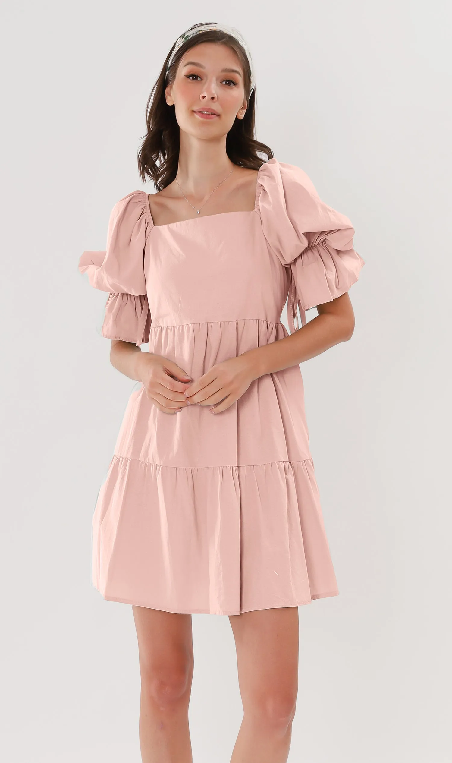 MADILYN Tiered Tie Puff-Sleeve Dress (Blush)