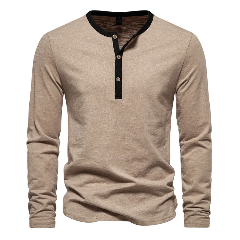 Men Crewneck Buttons Bicolor Long Sleeves T-Shirt