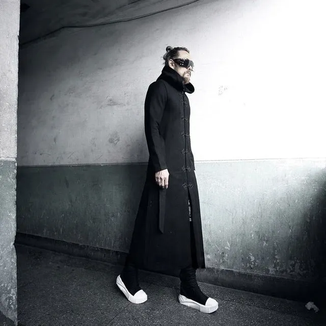 Men hoody wool trench coat male fashion long belt trench jacket gothic punk style hooded woolen windbreaker stage costume