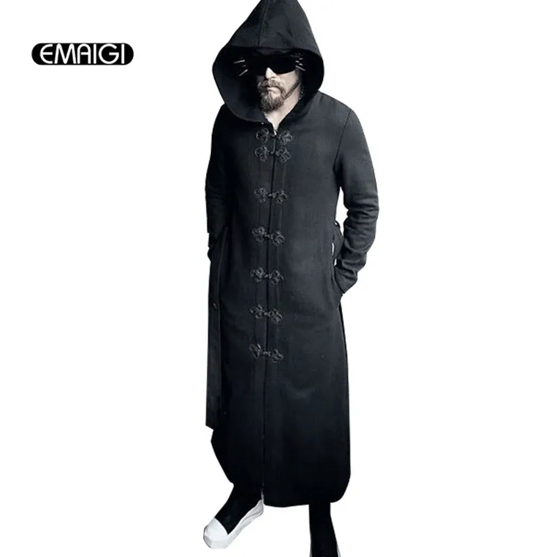 Men hoody wool trench coat male fashion long belt trench jacket gothic punk style hooded woolen windbreaker stage costume