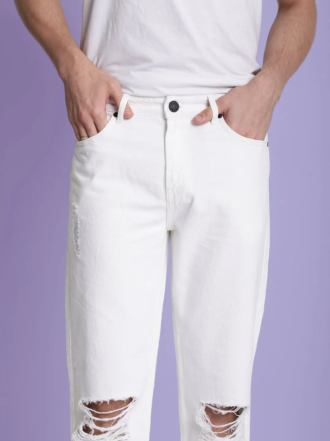 Men White Relaxed Fit Knee-Slash Jeans