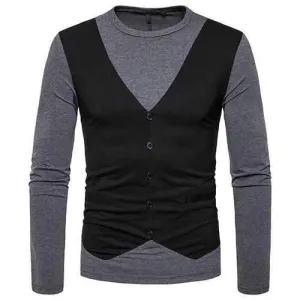 Mens False Two Pieces Button Patchwork Hit Color T-Shirts