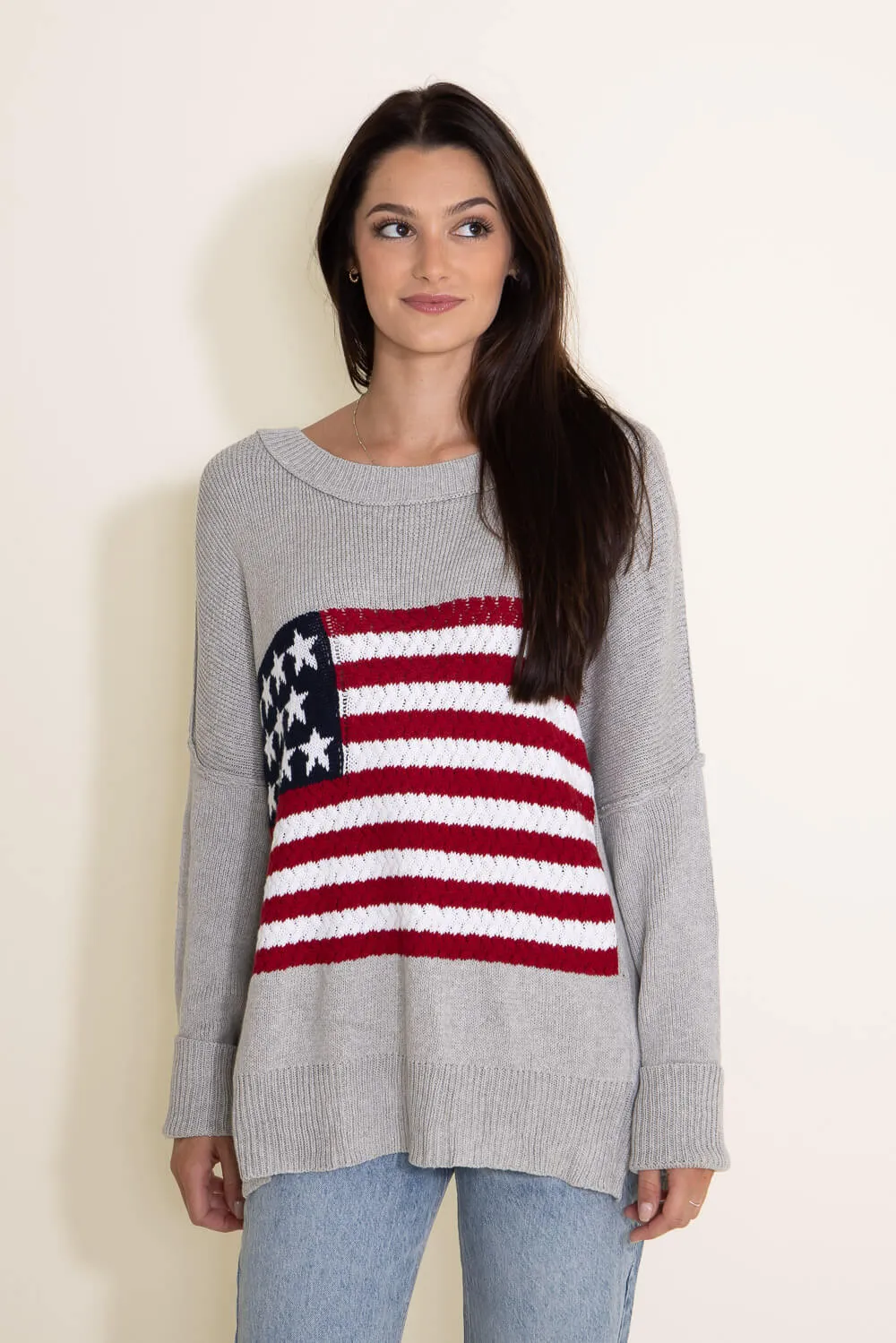 Miracle Knit American Flag Sweater for Women in Grey | M8167-GREY