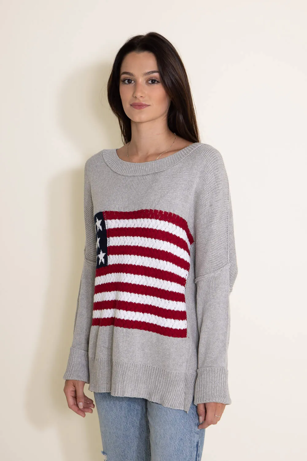 Miracle Knit American Flag Sweater for Women in Grey | M8167-GREY