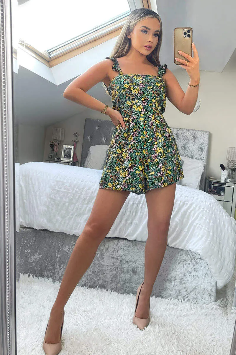 Multi Floral Frill Strap Playsuit