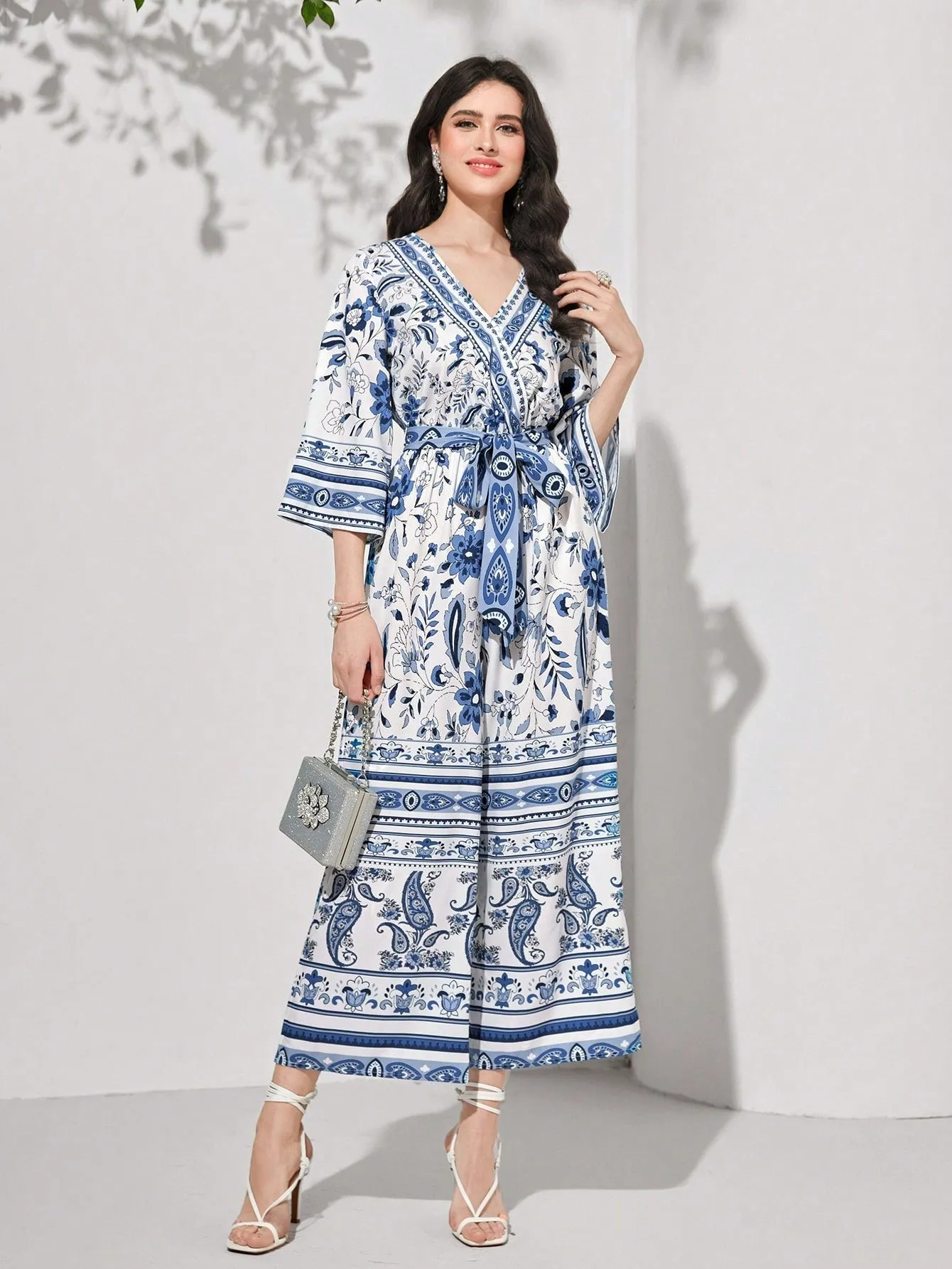 Mulvari Floral Print Belted Wide Leg Jumpsuit