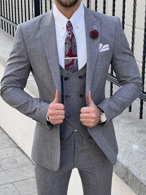 Napoli Gray Slim Fit Peak Lapel Crosshatch Suit
